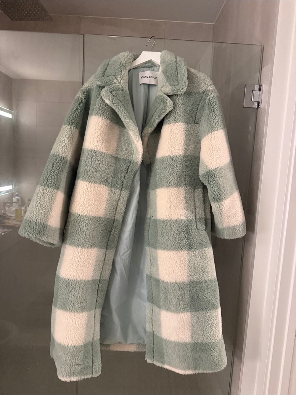 Stand Studio Sage & Cream Check Teddy Coat